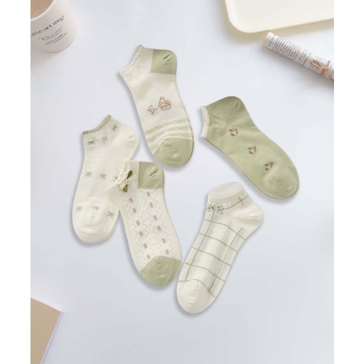 グリーン3 | 【MOSOX】ガーリー刺繍デザインコットン混アンクルソックス 5足セット | aimoha 