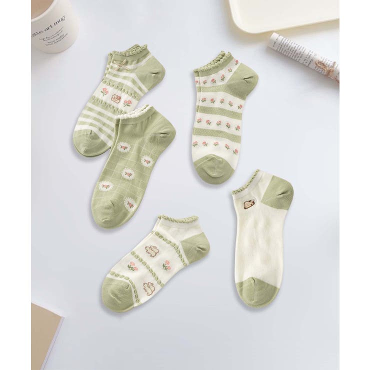 【MOSOX】ガーリー刺繍デザインコットン混アンクルソックス 5足セット | aimoha  | 詳細画像5 