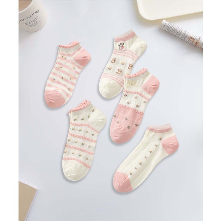 ピンク1 | 【MOSOX】ガーリー刺繍デザインコットン混アンクルソックス 5足セット | aimoha 