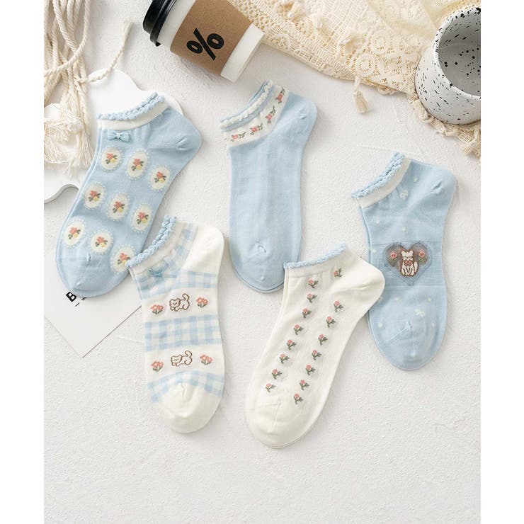 ブルー1 | 5足セット17柄【MOSOX】ガーリーデザインレーヨン混アンクルソックス  | aimoha 