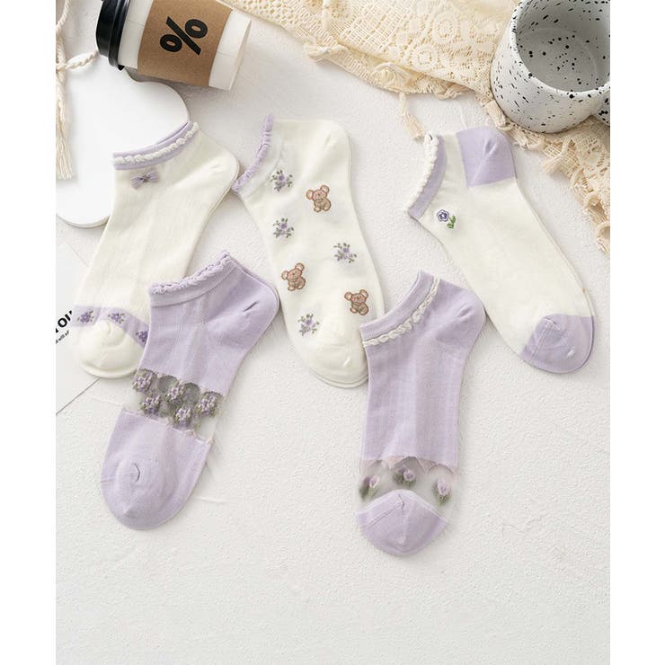 パープル1 | 5足セット17柄【MOSOX】ガーリーデザインレーヨン混アンクルソックス  | aimoha 