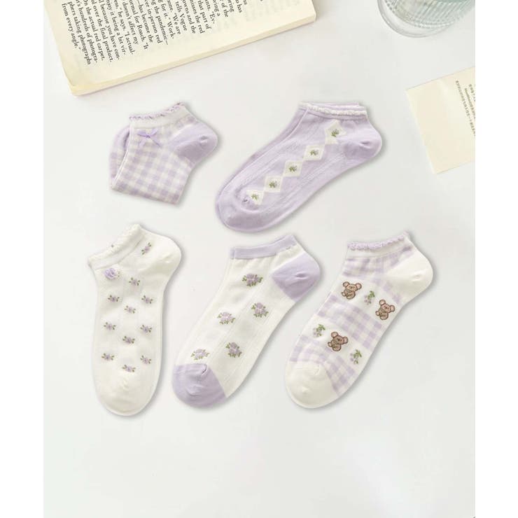 パープル2 | 5足セット17柄【MOSOX】ガーリーデザインレーヨン混アンクルソックス  | aimoha 