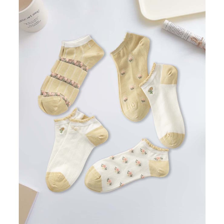 ライトベージュ | 5足セット17柄【MOSOX】ガーリーデザインレーヨン混アンクルソックス  | aimoha 