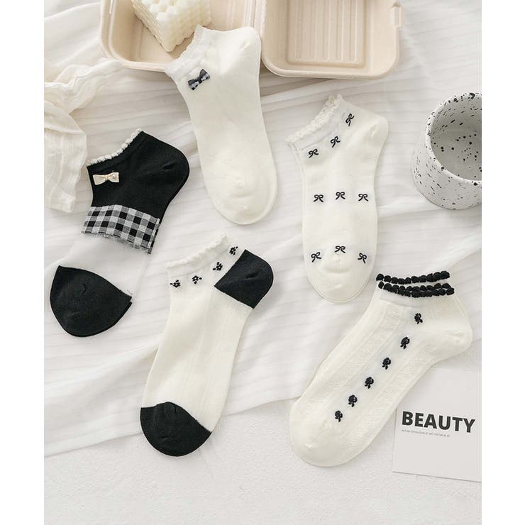 ブラック4 | 5足セット17柄【MOSOX】ガーリーデザインレーヨン混アンクルソックス  | aimoha 