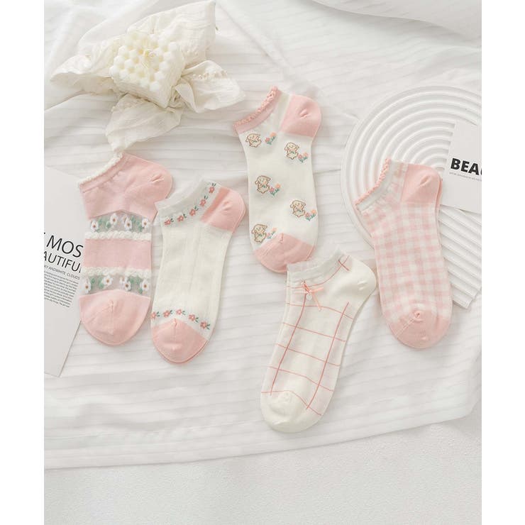 ピンク2 | 5足セット17柄【MOSOX】ガーリーデザインレーヨン混アンクルソックス  | aimoha 