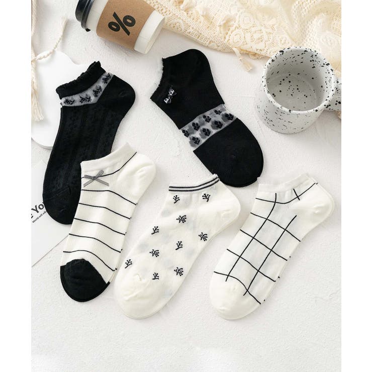 ブラック1 | 5足セット17柄【MOSOX】ガーリーデザインレーヨン混アンクルソックス  | aimoha 