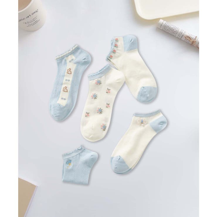 ブルー2 | 5足セット17柄【MOSOX】ガーリーデザインレーヨン混アンクルソックス  | aimoha 