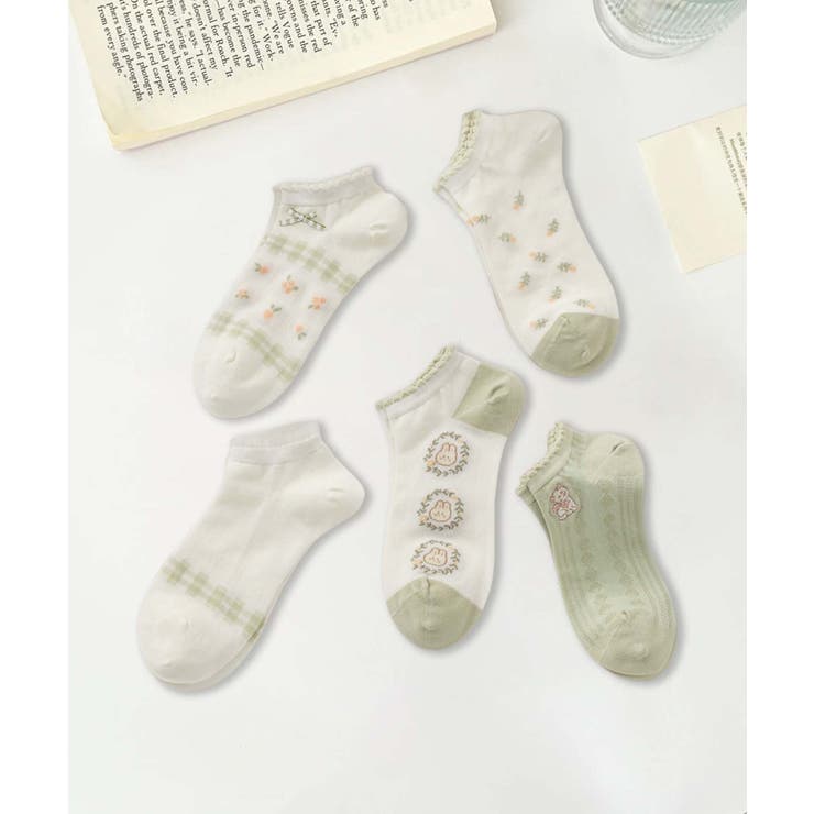 グリーン1 | 5足セット17柄【MOSOX】ガーリーデザインレーヨン混アンクルソックス  | aimoha 