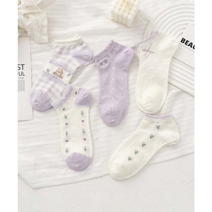 パープル3 | 5足セット17柄【MOSOX】ガーリーデザインレーヨン混アンクルソックス  | aimoha 