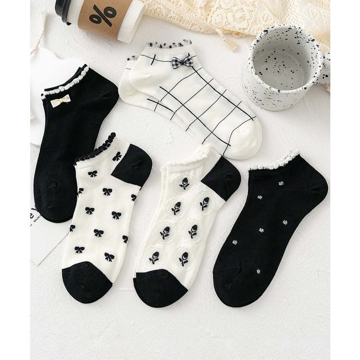 ブラック2 | 5足セット17柄【MOSOX】ガーリーデザインレーヨン混アンクルソックス  | aimoha 