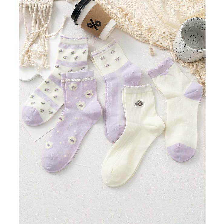 パープル | 5足セット【MOSOX】ガーリー刺繍デザインコットン混ソックス  | aimoha 
