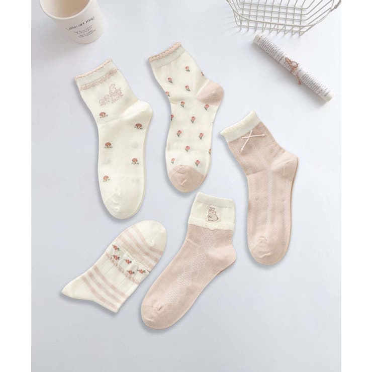 5足セット5柄【MOSOX】ガーリーデザイン刺繍入りコットン混ソックス | aimoha  | 詳細画像13 