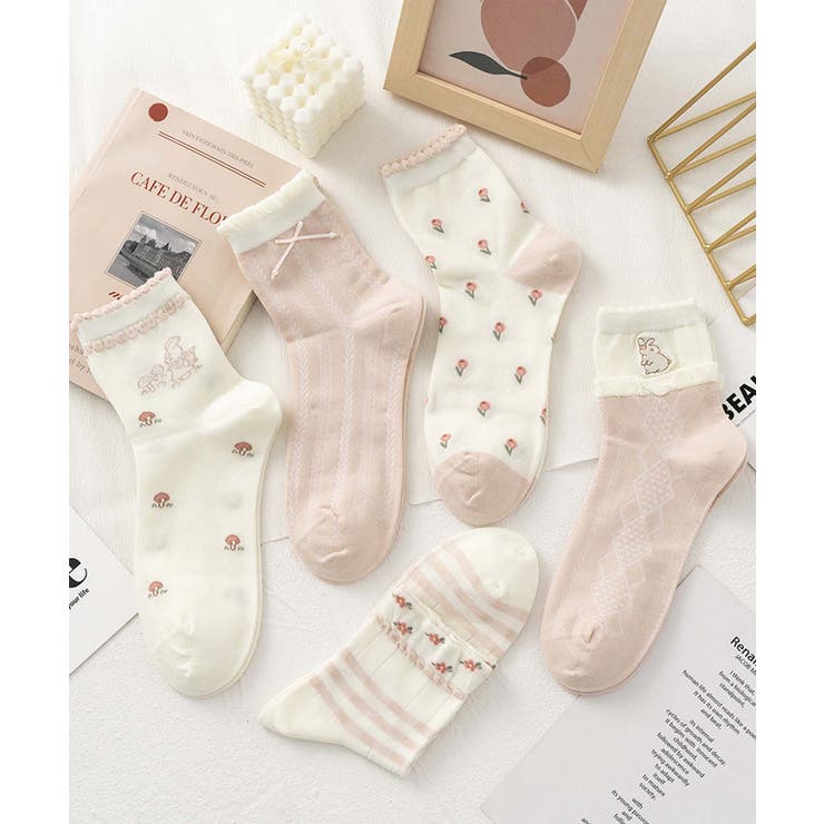 ピンク2 | 5足セット5柄【MOSOX】ガーリーデザイン刺繍入りコットン混ソックス | aimoha 