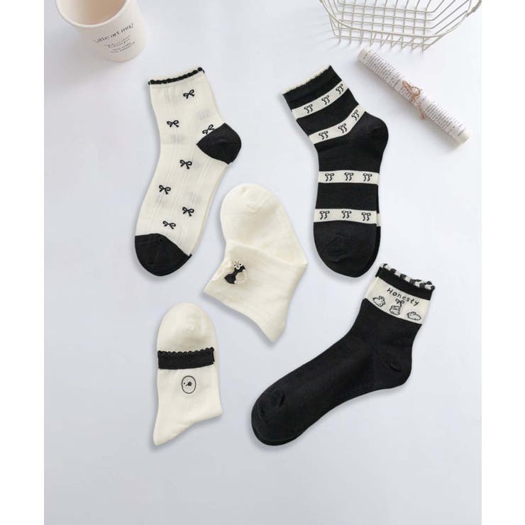 5足セット5柄【MOSOX】ガーリーデザイン刺繍入りコットン混ソックス | aimoha  | 詳細画像3 