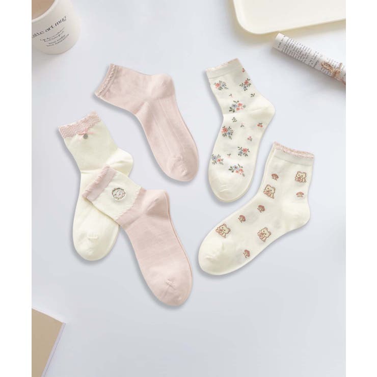 ピンク | 5足セット5柄【MOSOX】ガーリーデザイン刺繍入りコットン混ソックス | aimoha 