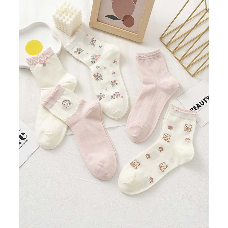 5足セット5柄【MOSOX】ガーリーデザイン刺繍入りコットン混ソックス | aimoha  | 詳細画像6 