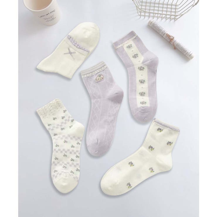 パープル3 | 5足セット12タイプ【MOSOX】ガーリーデザインレーヨン混ソックス  | aimoha 