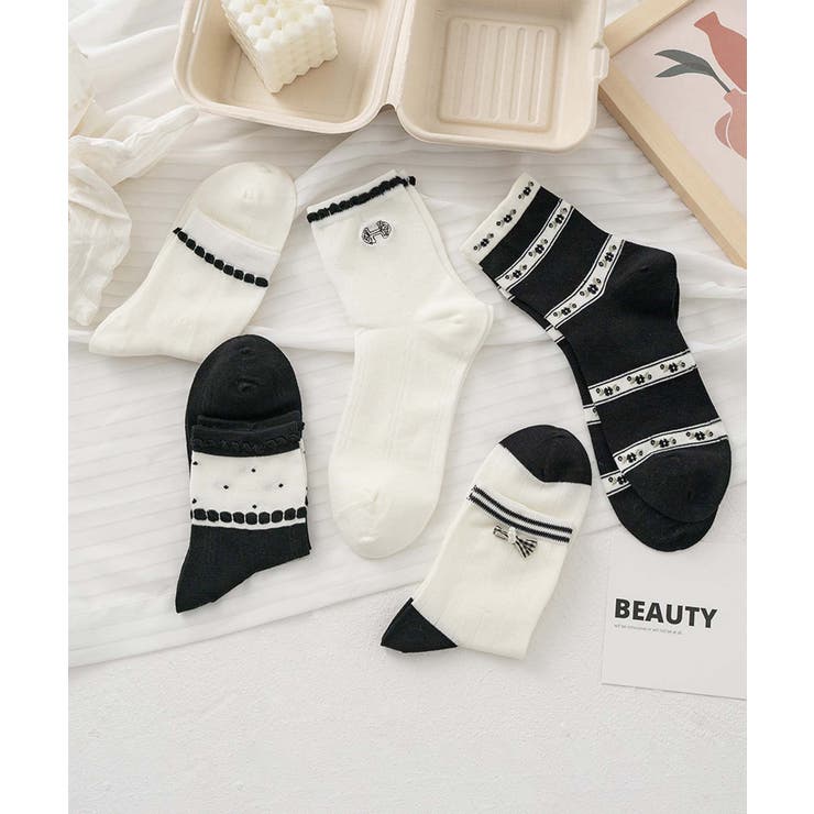 ブラック1 | 5足セット12タイプ【MOSOX】ガーリーデザインレーヨン混ソックス  | aimoha 