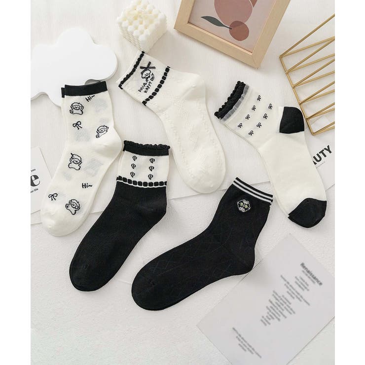 ブラック2 | 5足セット12タイプ【MOSOX】ガーリーデザインレーヨン混ソックス  | aimoha 