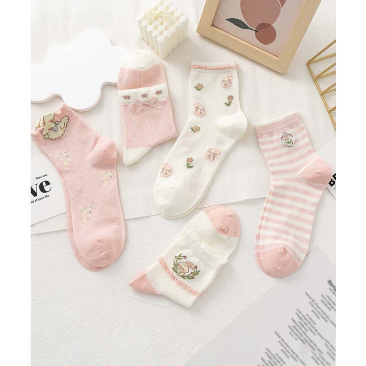 ピンク1 | 5足セット12タイプ【MOSOX】ガーリーデザインレーヨン混ソックス  | aimoha 