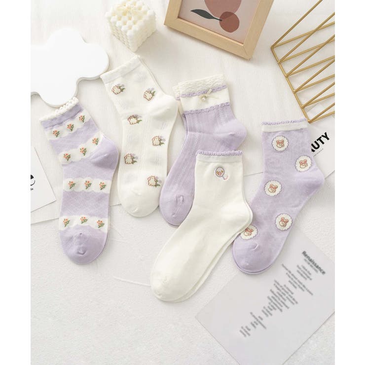 パープル1 | 5足セット12タイプ【MOSOX】ガーリーデザインレーヨン混ソックス  | aimoha 