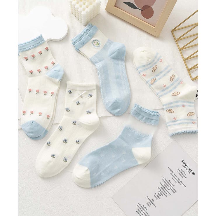 ブルー1 | 5足セット12タイプ【MOSOX】ガーリーデザインレーヨン混ソックス  | aimoha 