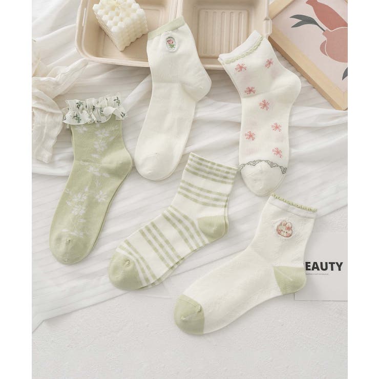グリーン1 | 5足セット12タイプ【MOSOX】ガーリーデザインレーヨン混ソックス  | aimoha 