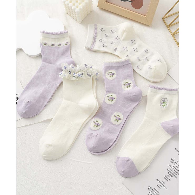 パープル2 | 5足セット12タイプ【MOSOX】ガーリーデザインレーヨン混ソックス  | aimoha 