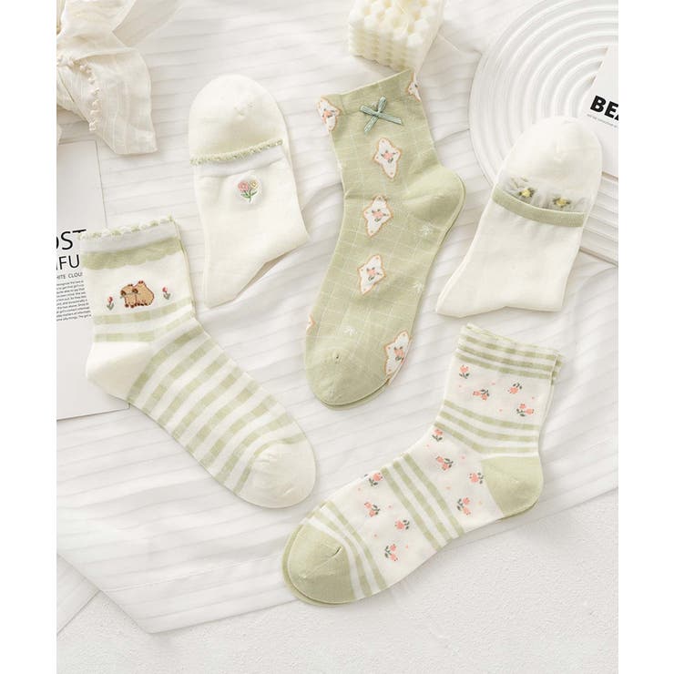 グリーン2 | 5足セット12タイプ【MOSOX】ガーリーデザインレーヨン混ソックス  | aimoha 