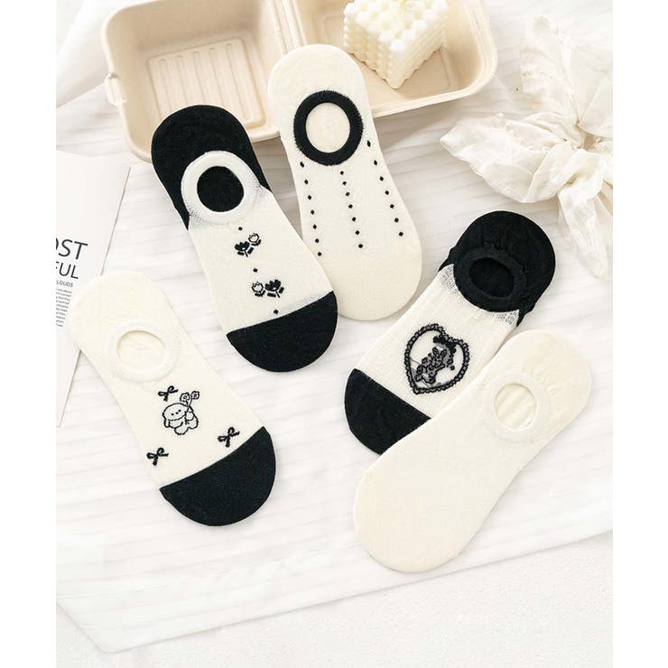 ブラック | 5足セット5柄【MOSOX】ガーリーデザインコットン混カバーソックス | aimoha 