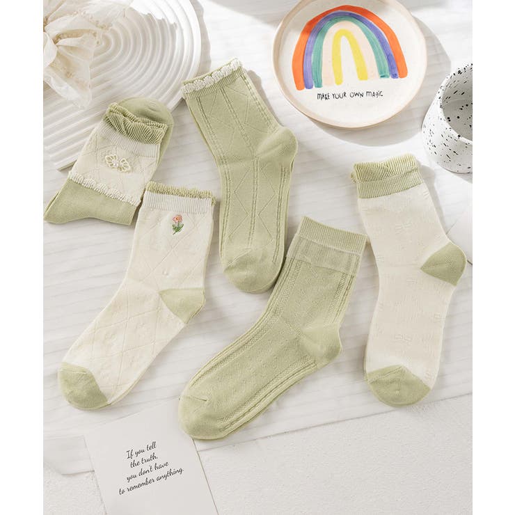 グリーン | 5足セット5柄【MOSOX】ガーリー配色デザインコットン混ソックス | aimoha 