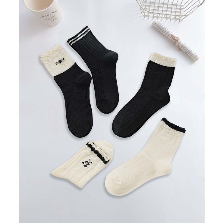 ブラック | 5足セット5柄【MOSOX】ガーリー配色デザインコットン混ソックス | aimoha 