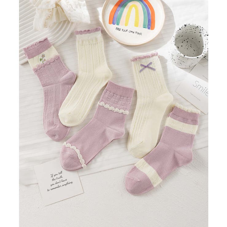 パープル | 5足セット5柄【MOSOX】ガーリー配色デザインコットン混ソックス | aimoha 