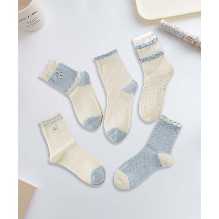 ブルー | 5足セット5柄【MOSOX】ガーリー配色デザインコットン混ソックス | aimoha 