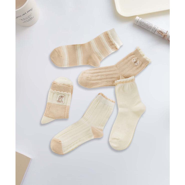 ベージュ | 5足セット5柄【MOSOX】ガーリー配色デザインコットン混ソックス | aimoha 