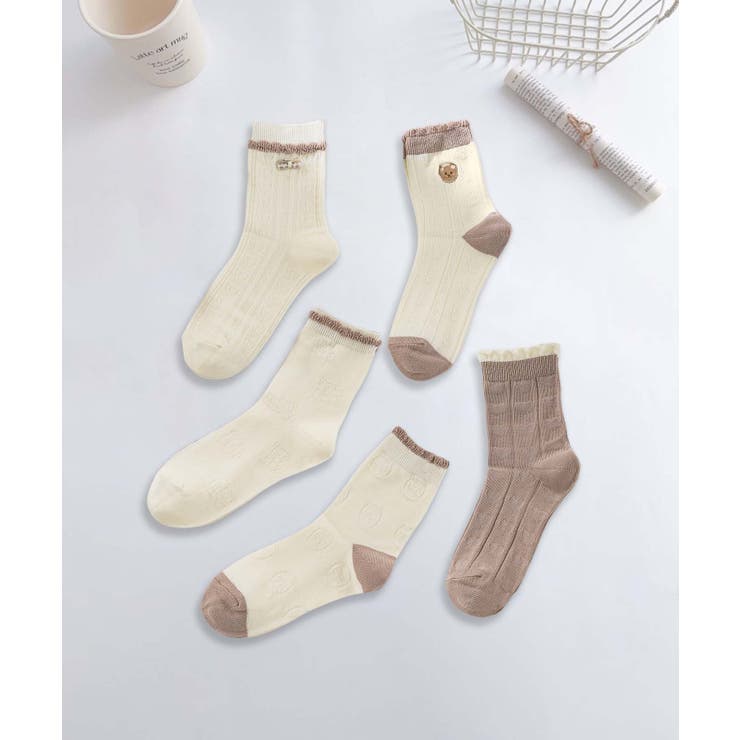 モカ | 5足セット5柄【MOSOX】ガーリー配色デザインコットン混ソックス | aimoha 