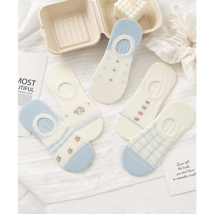 ブルー1 |  5足セット5柄【MOSOX】ガーリーデザインコットン混アンクルソックス | aimoha 