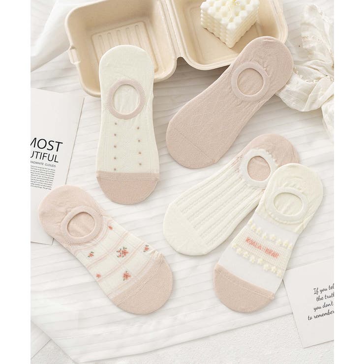 ベージュ |  5足セット5柄【MOSOX】ガーリーデザインコットン混アンクルソックス | aimoha 