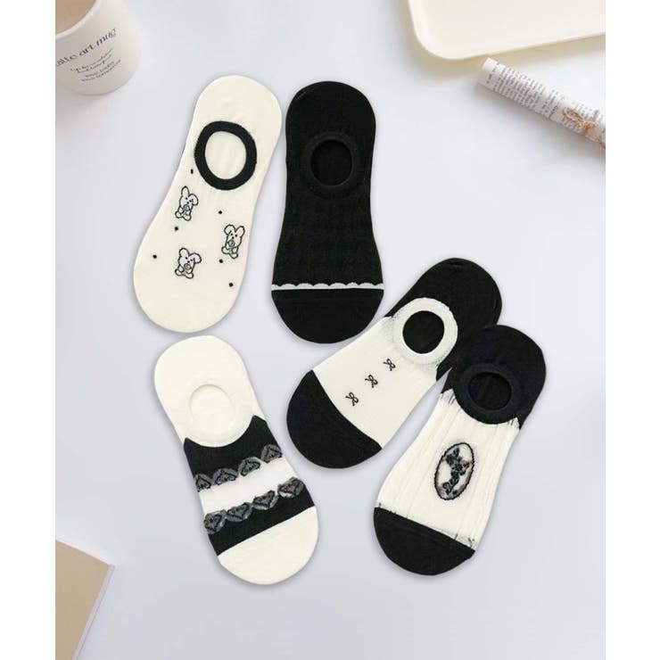 ブラック |  5足セット5柄【MOSOX】ガーリーデザインコットン混アンクルソックス | aimoha 