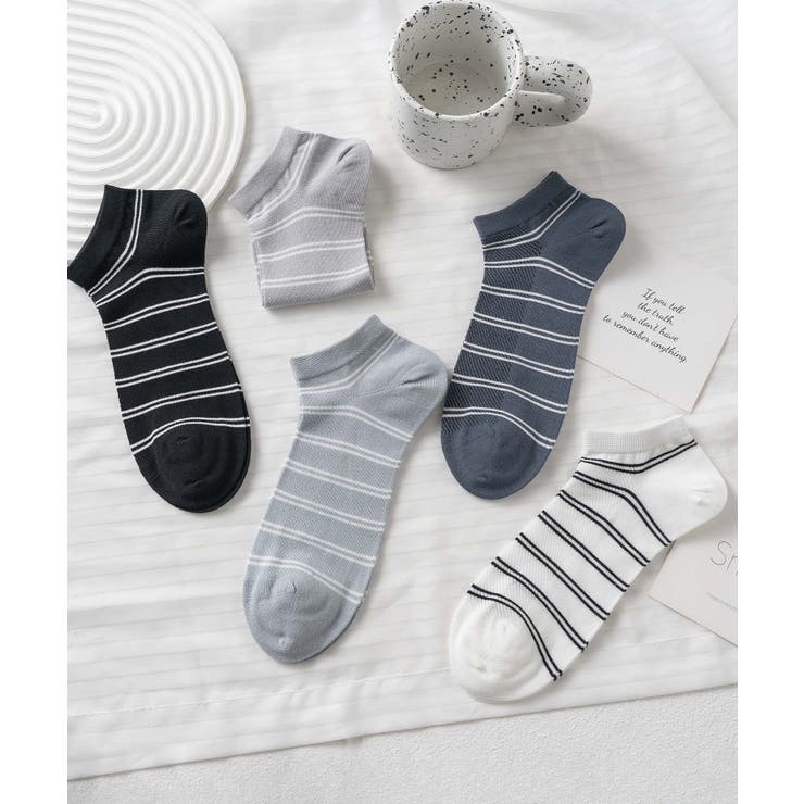 5足セット【MOSOX】ボーダーデザインレーヨン混アンクルソックス
