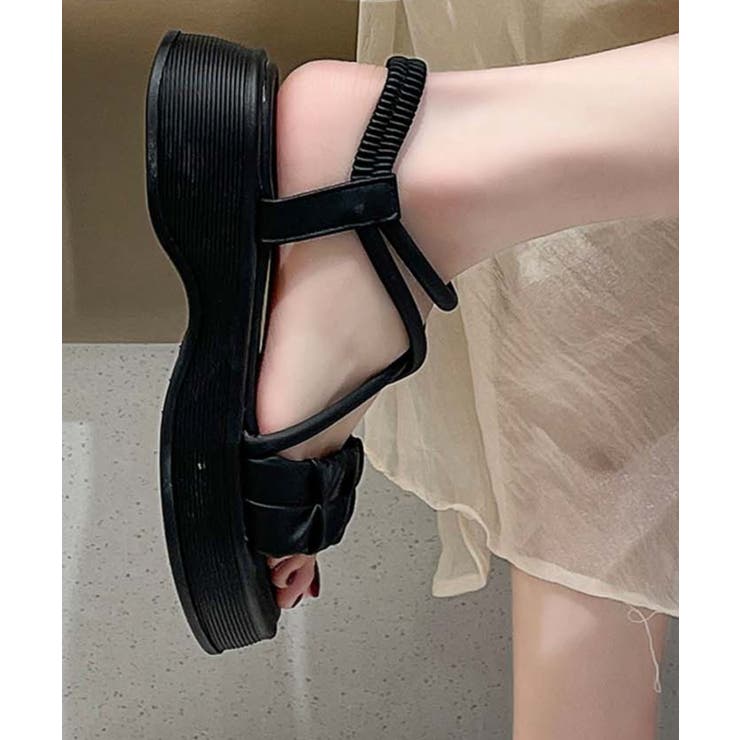 ブラック | 【shoes 365】クロスストラップギャザーデザイン厚底サンダル | aimoha 