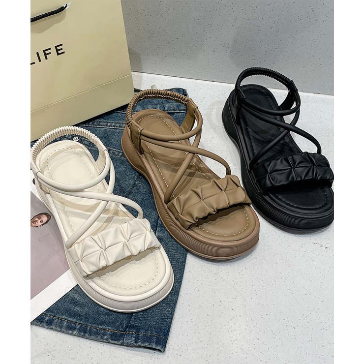 【shoes 365】クロスストラップギャザーデザイン厚底サンダル | aimoha  | 詳細画像4 