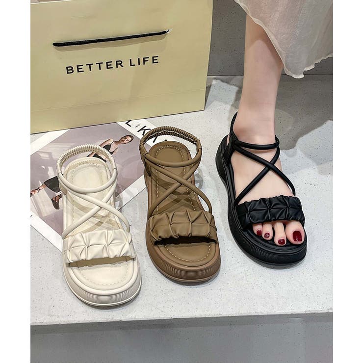 【shoes 365】クロスストラップギャザーデザイン厚底サンダル | aimoha  | 詳細画像9 