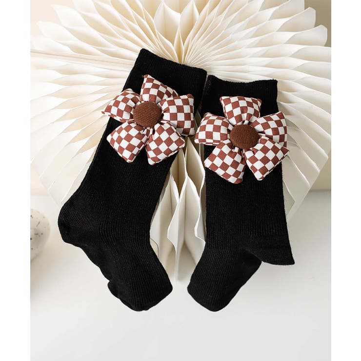 ブラック1 | チェック柄大きな花ソックス | aimoha 