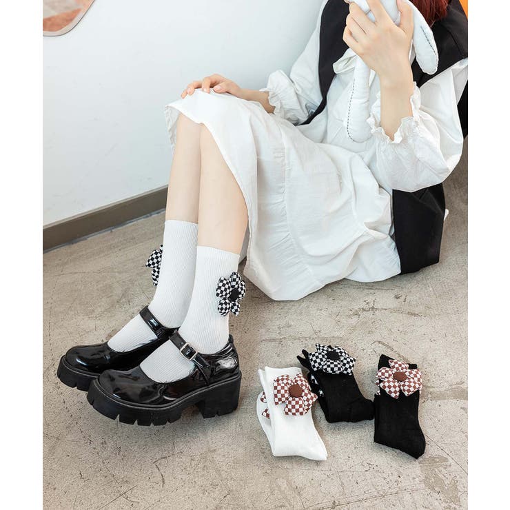 チェック柄大きな花ソックス | aimoha  | 詳細画像30 