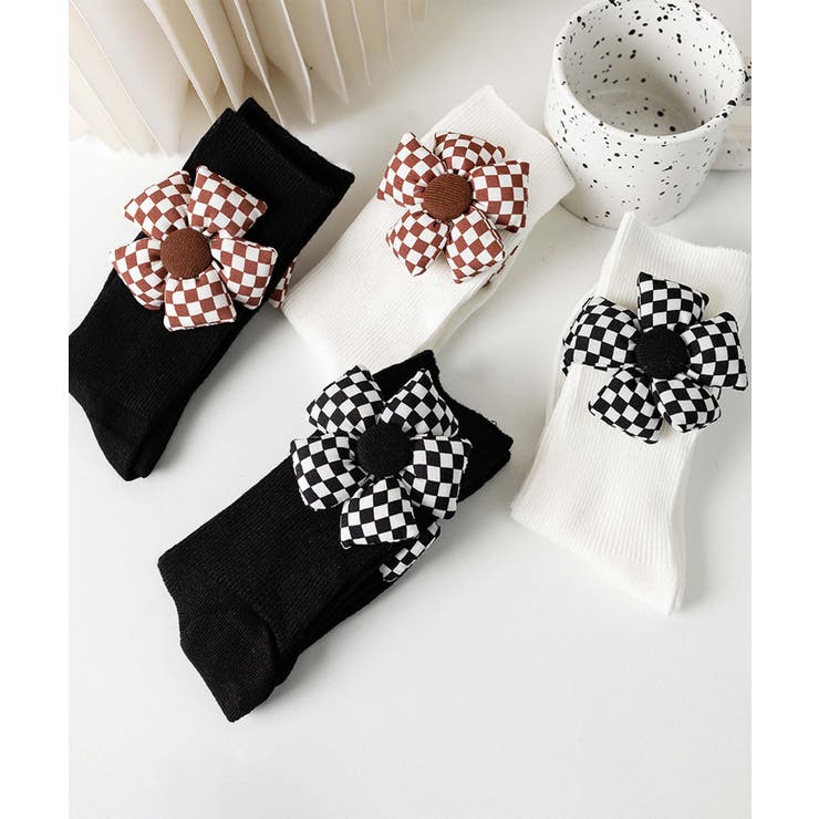 チェック柄大きな花ソックス | aimoha  | 詳細画像3 