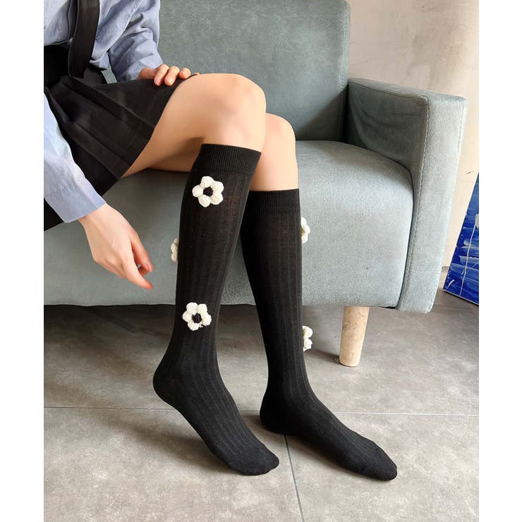 ブラック2 | [2025 MOSOX NEW COLLECTION]3Dフラワーハイソックス | aimoha 
