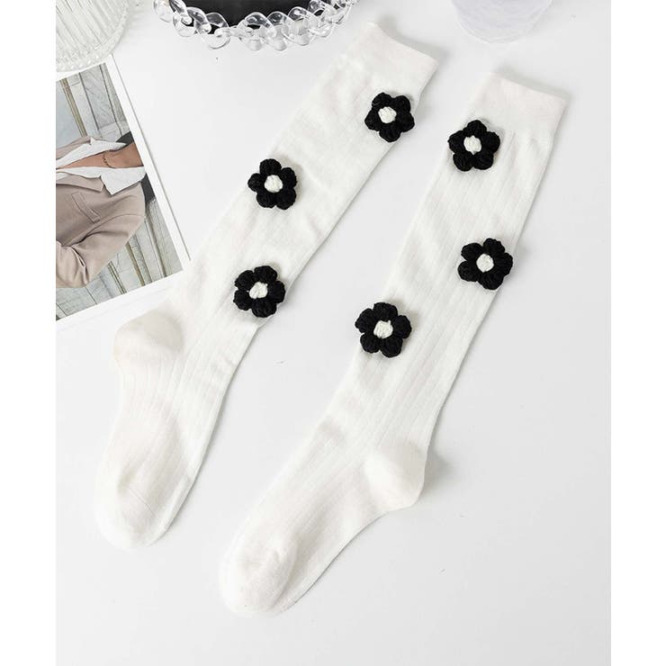 ホワイト2 | [2025 MOSOX NEW COLLECTION]3Dフラワーハイソックス | aimoha 