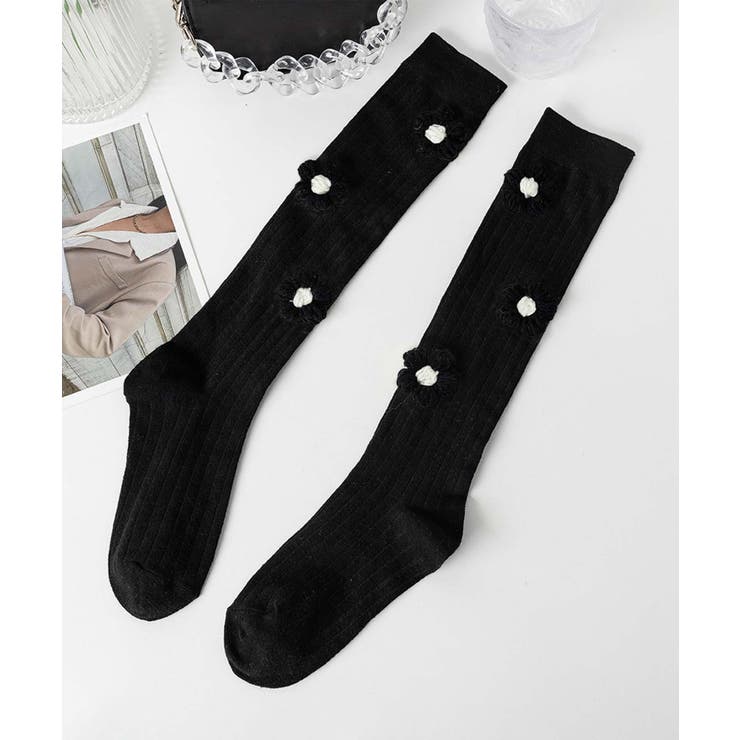 ブラック1 | [2025 MOSOX NEW COLLECTION]3Dフラワーハイソックス | aimoha 
