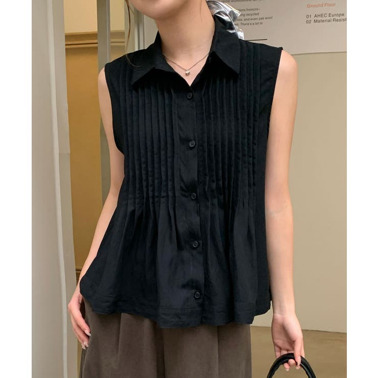 ブラック | ピンタックデザイン ノースリーブブラウス | aimoha 